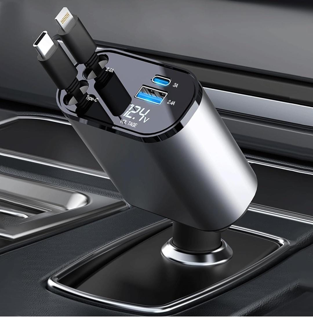 4-in-1 Retractable Car Charger - 120W Super Fast Charging, 31.5 Inch Retractable Cables, Dual USB Ports, Compatible with iPhone, iPad, Pixel, Android Phones & Tablets
