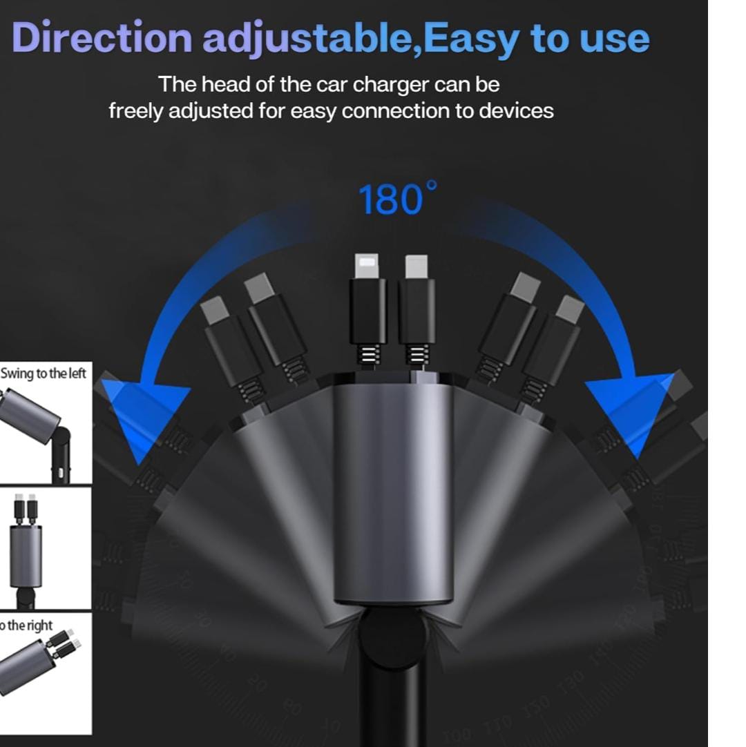 4-in-1 Retractable Car Charger - 120W Super Fast Charging, 31.5 Inch Retractable Cables, Dual USB Ports, Compatible with iPhone, iPad, Pixel, Android Phones & Tablets