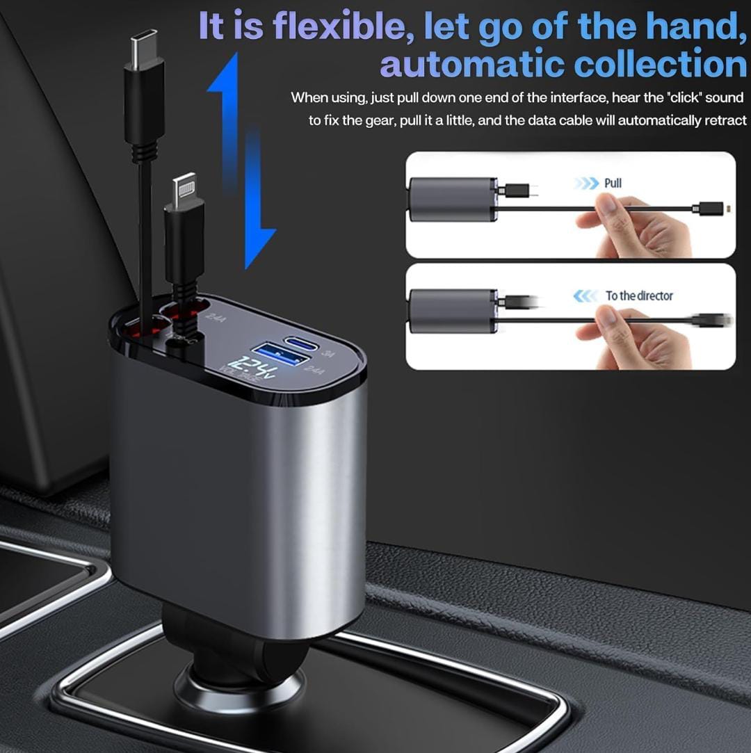 4-in-1 Retractable Car Charger - 120W Super Fast Charging, 31.5 Inch Retractable Cables, Dual USB Ports, Compatible with iPhone, iPad, Pixel, Android Phones & Tablets