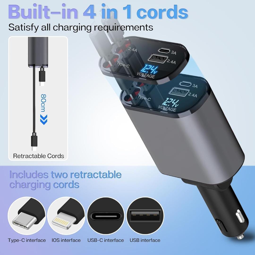 4-in-1 Retractable Car Charger - 120W Super Fast Charging, 31.5 Inch Retractable Cables, Dual USB Ports, Compatible with iPhone, iPad, Pixel, Android Phones & Tablets