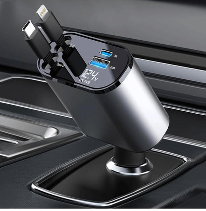 4-in-1 Retractable Car Charger - 120W Super Fast Charging, 31.5 Inch Retractable Cables, Dual USB Ports, Compatible with iPhone, iPad, Pixel, Android Phones & Tablets