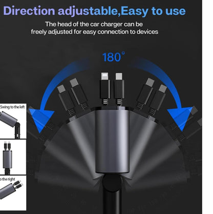 4-in-1 Retractable Car Charger - 120W Super Fast Charging, 31.5 Inch Retractable Cables, Dual USB Ports, Compatible with iPhone, iPad, Pixel, Android Phones & Tablets